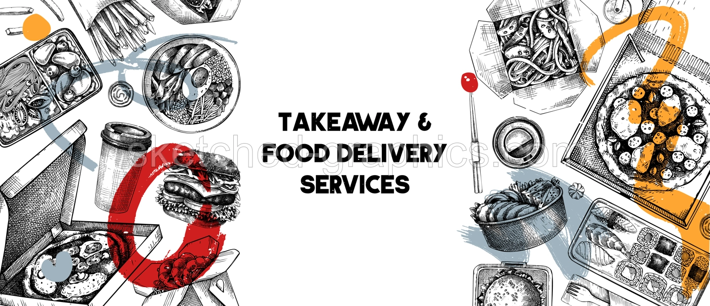 Takeaway and food delivery banner. Hand drawn vector illustration. Collage style background. Takeout food in paper box, fast food menu design. Pizza, burger, coffee, noodles, poke, sushi sketch Illustration